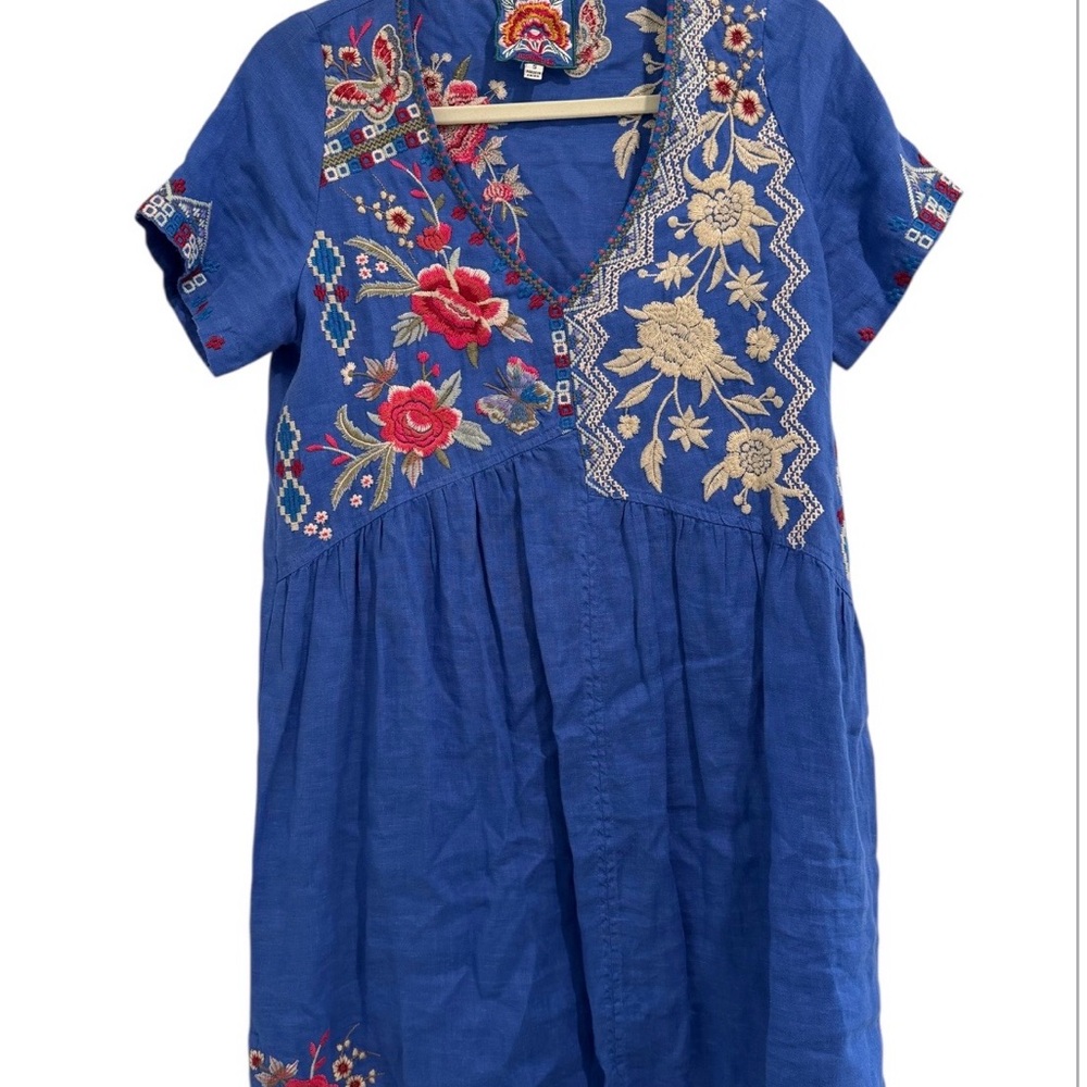 Johnny Was Dress Blue Floral Embroidered V-Neck Bohemian Boho Butterfly Small